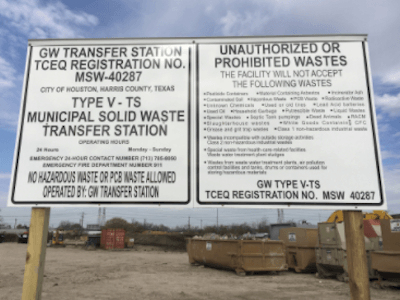 Gainsborough Waste dump site sign at facility in Houston, Texas -- Harris County dump site