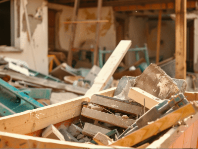 Close-up view of a pile of construction and demolition waste and debris from a construction job site