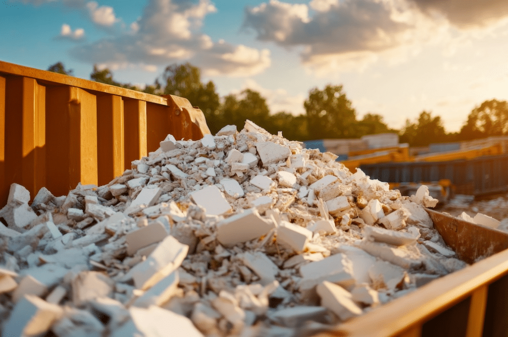 Pile of construction waste inside a dumpster