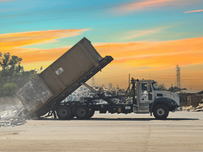 Gainsborough Waste roll-off dumpster being unloaded at our Transfer Station in Houston, TX