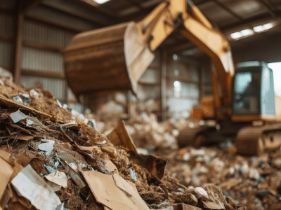 Close-up of a large volume of debris being handled at a waste facility