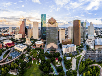 Aerial view of Downtown Houston businesses and neighborhoods